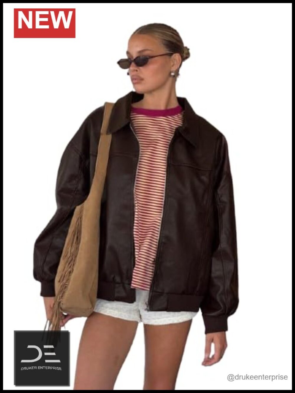 Faux Leather Bomber Jacket Zip Up Point Collar Cuff Sleeve Women's Outerwear